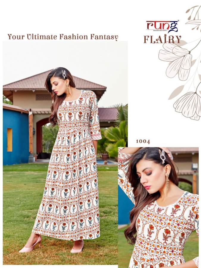 Rung Flairy Ethnic Wear Heavy Rayon Printed Designer Kurti Collection